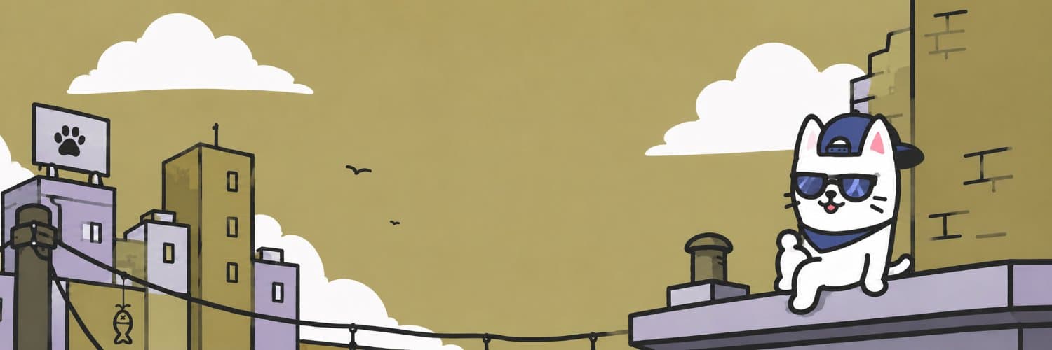 The CattoonHood skyline — a cat in a backwards cap lounging on a rooftop